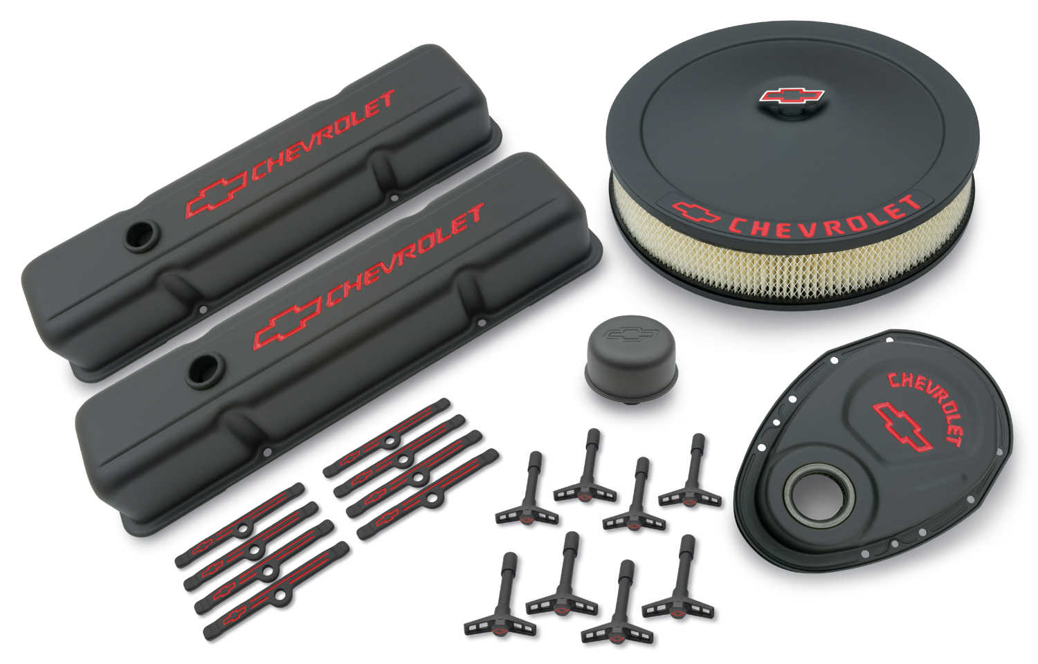 Proform Engine Dress-Up Kit Black Crinkle Finish Red Bowtie Red Letters For SB Chevy Tall Painted Chevrolet Performance Parts