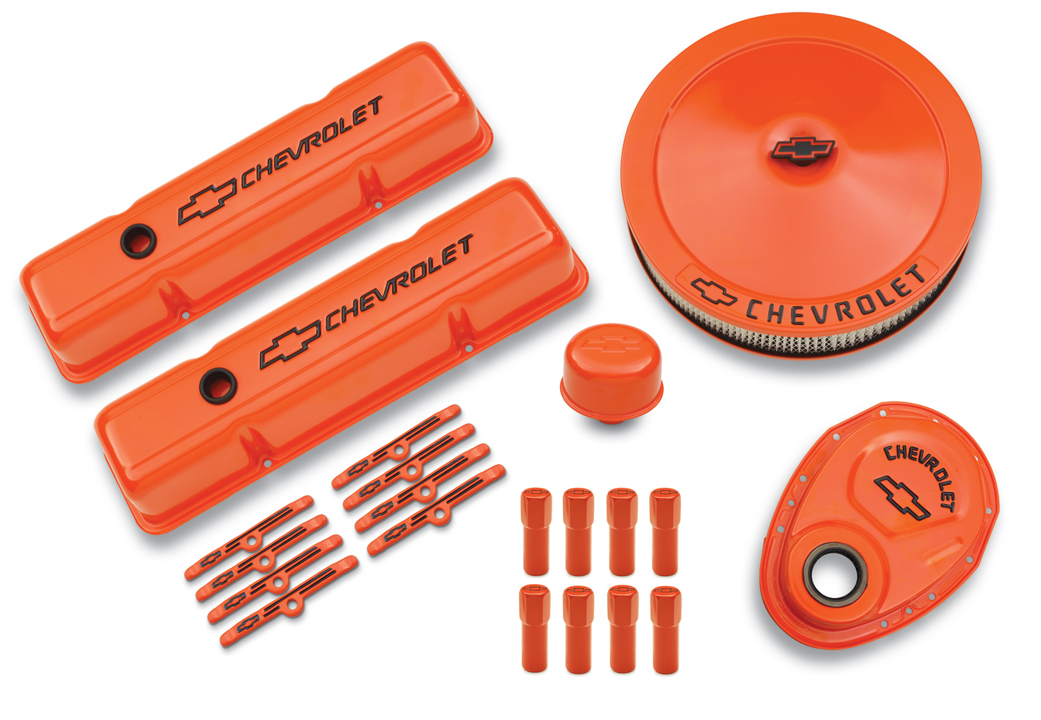 Proform Engine Dress-Up Kit Orange w/Black Bowtie Logo Fits SB Block Chevy Engines Tall Powdercoat Chevrolet Performance Parts