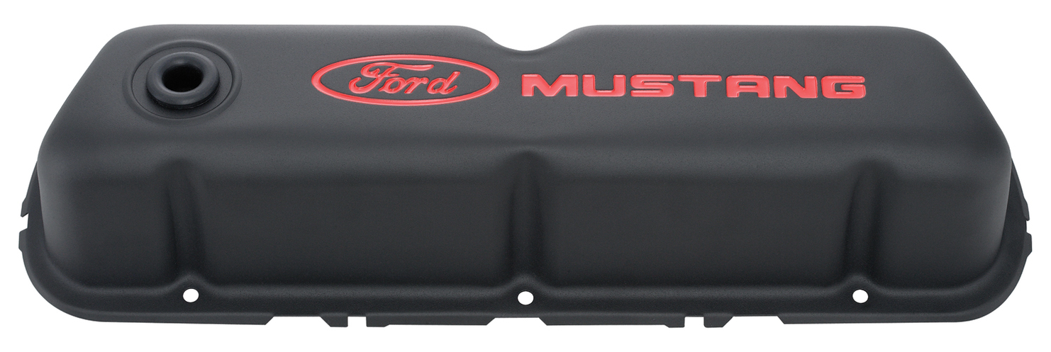 Proform Engine Valve Covers Tall Style Steel Black with Mustang Logo For SB Ford Recessed Red Ford Mustang Logo Ford Racing